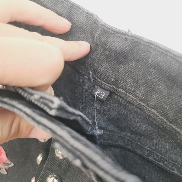 CARMAR rose embroidered silver studded frayed black denim mini skirt - Picture 3 of 11